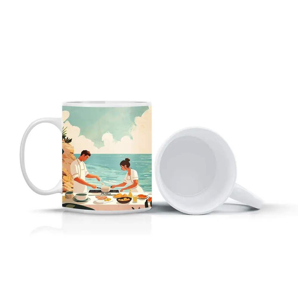 Couple Cooking Together By The Ocean – Mugs