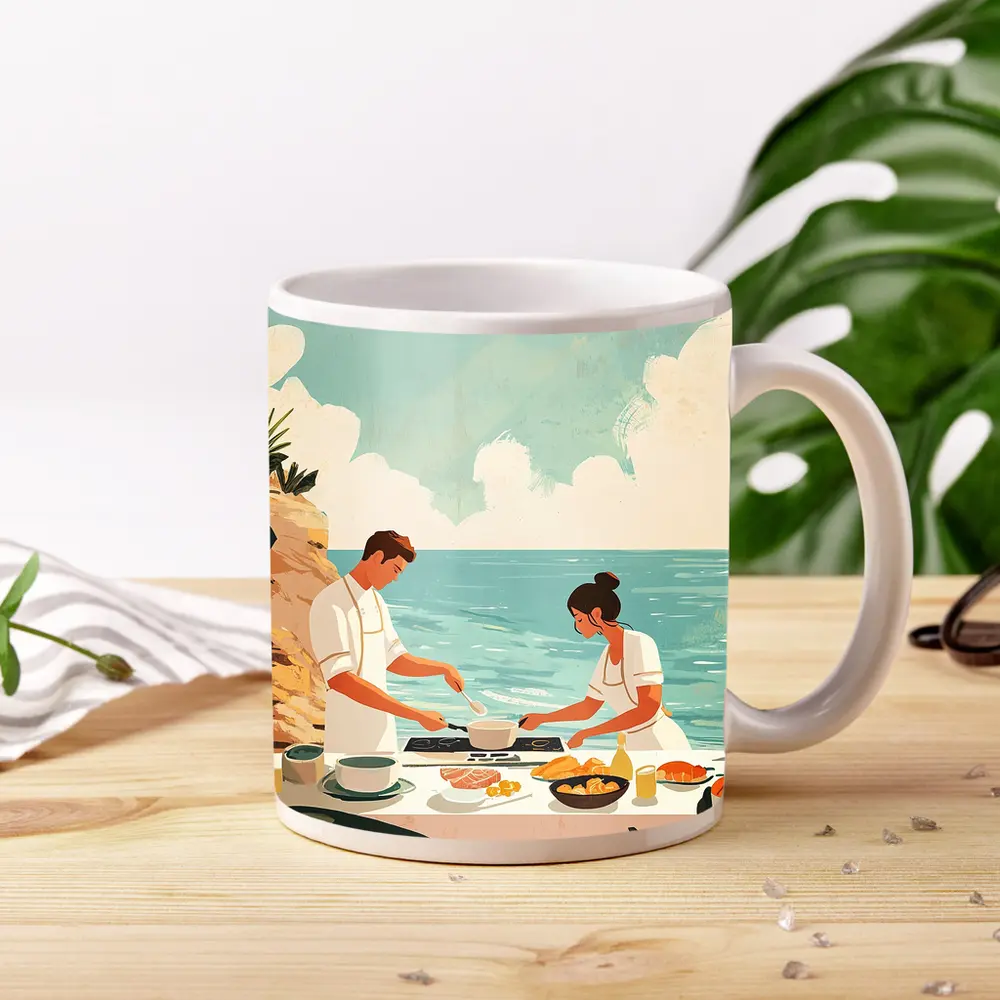 Couple Cooking Together By The Ocean – Mugs