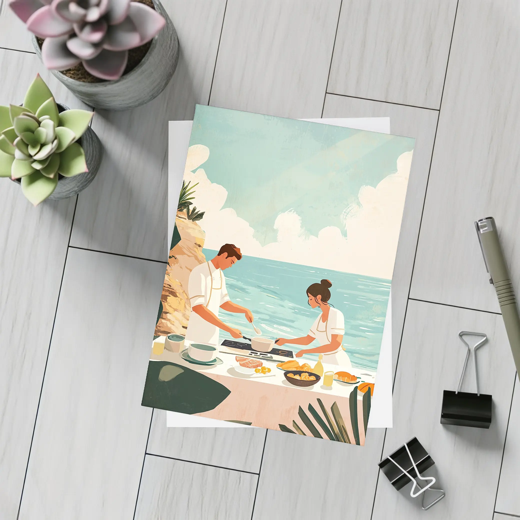 Couple Cooking Together By The Ocean – Postcards