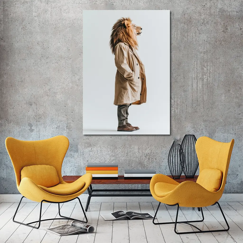 Lion Wearing Beige Coat White Background – Wall Art