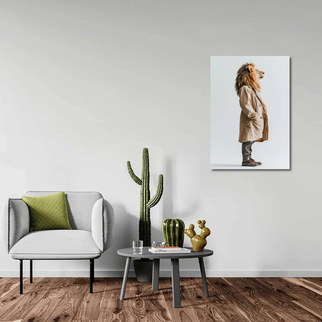 Lion Wearing Beige Coat White Background – Wall Art