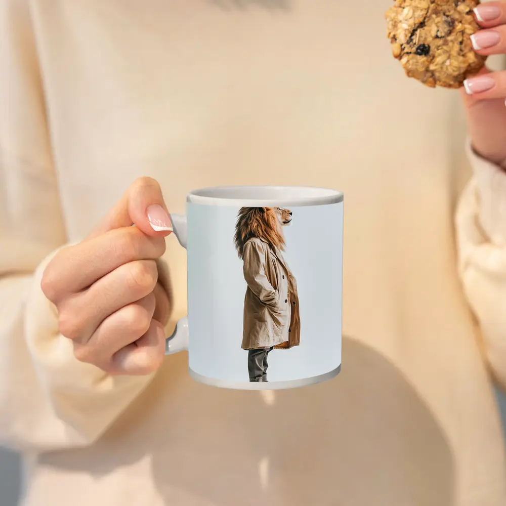 Lion Wearing Beige Coat White Background – Mugs