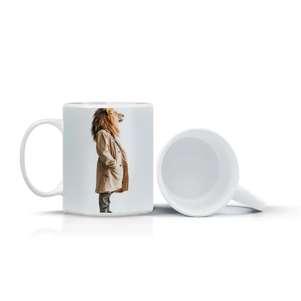 Lion Wearing Beige Coat White Background – Mugs