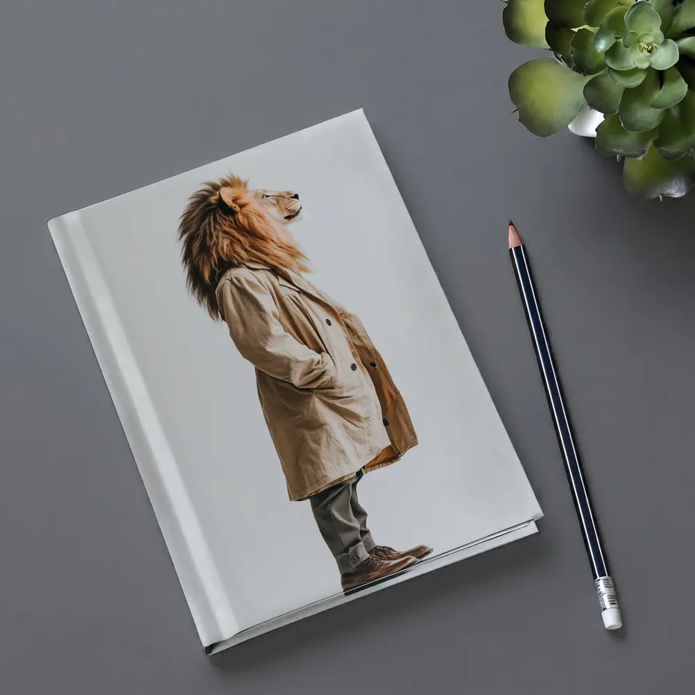 Lion Wearing Beige Coat White Background – Notebooks