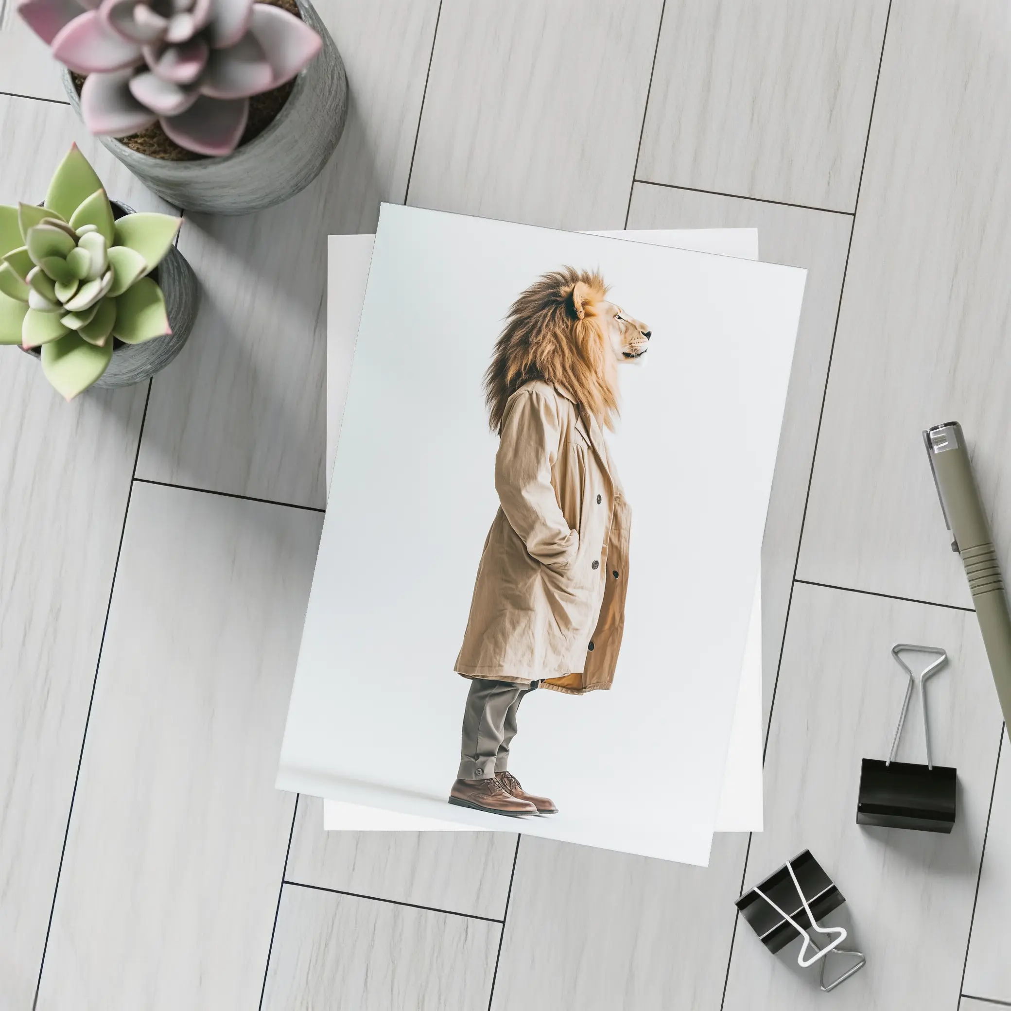 Lion Wearing Beige Coat White Background – Postcards