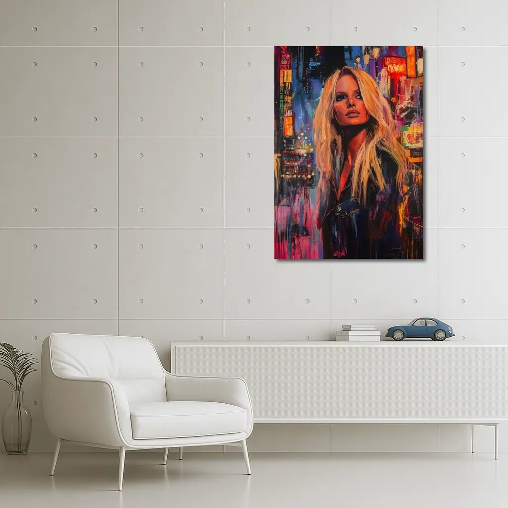 Blonde Woman Neon City Night Oil Painting – Wall Art