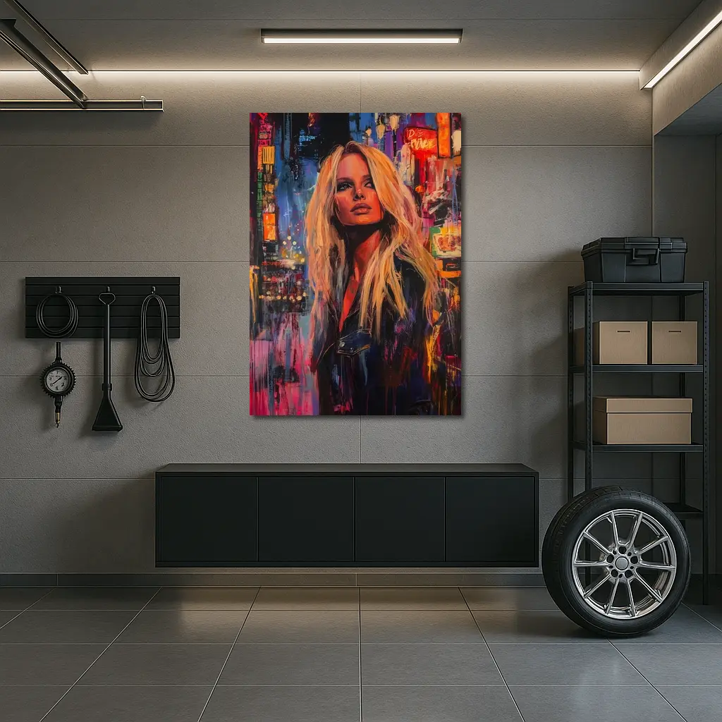 Blonde Woman Neon City Night Oil Painting – Wall Art