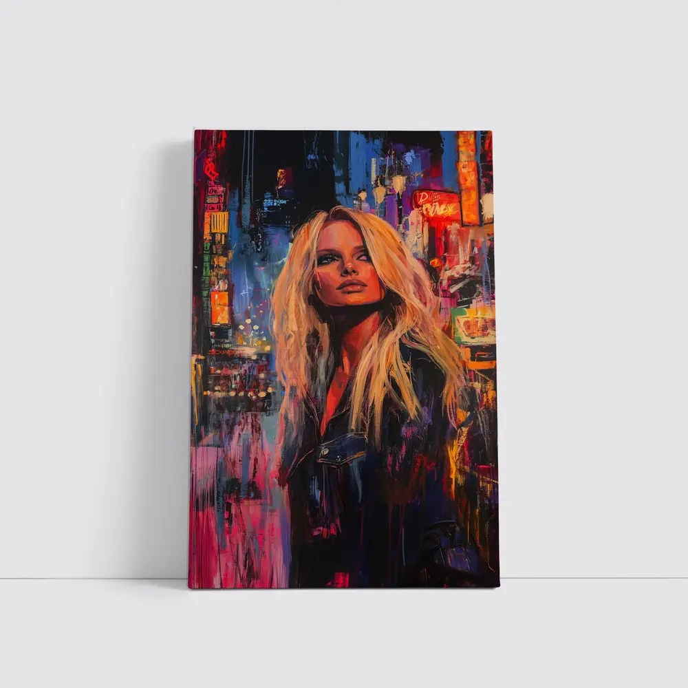 Blonde Woman Neon City Night Oil Painting – Wall Art