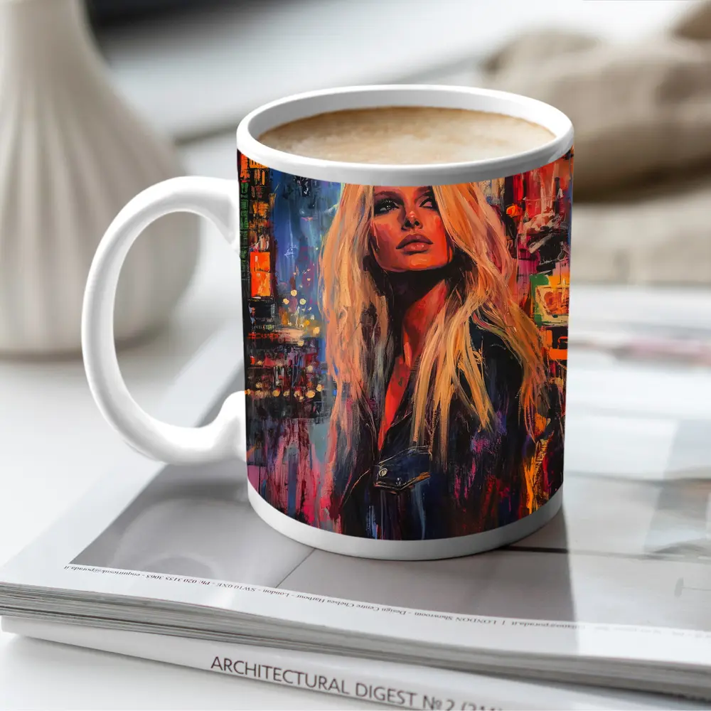 Blonde Woman Neon City Night Oil Painting – Mugs
