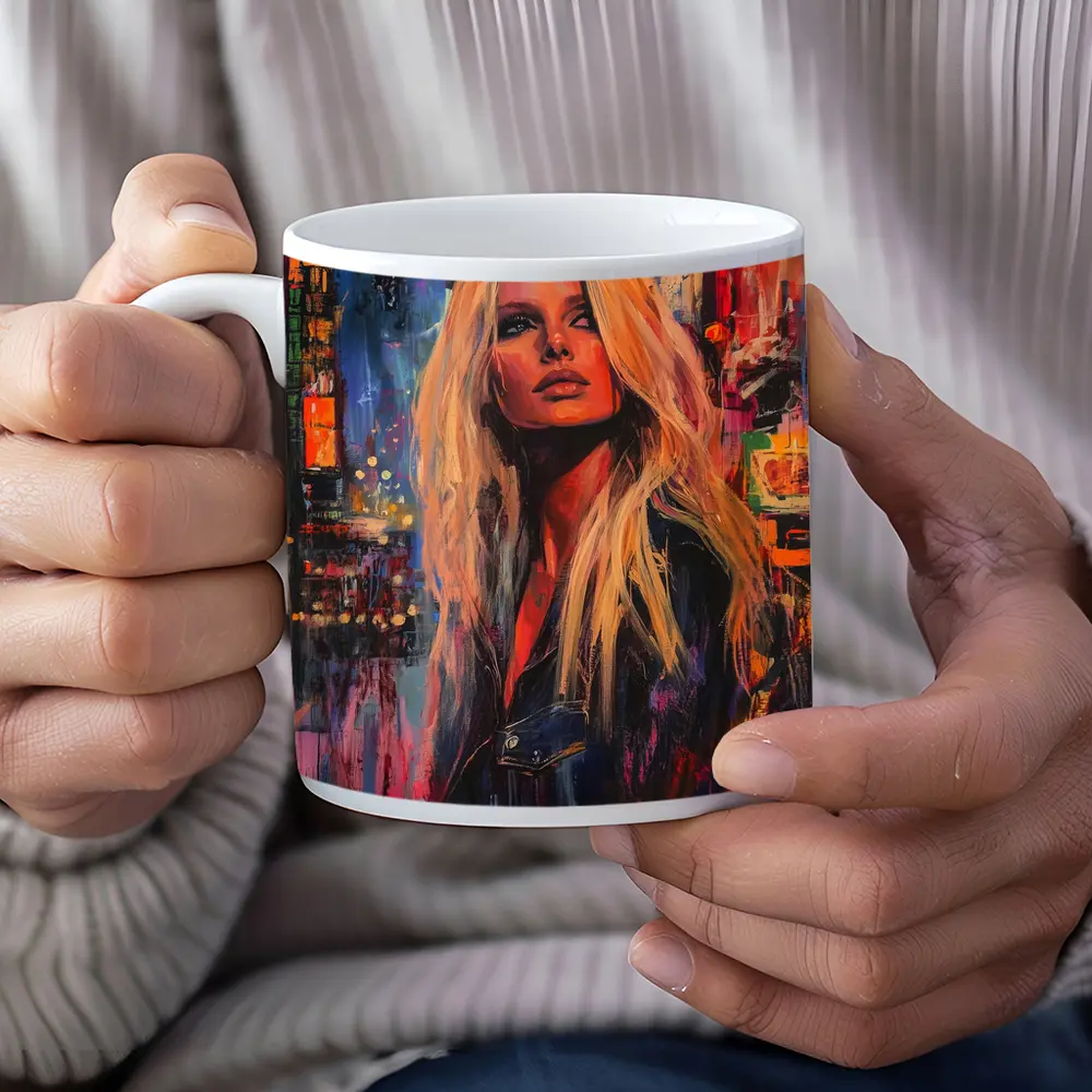 Blonde Woman Neon City Night Oil Painting – Mugs