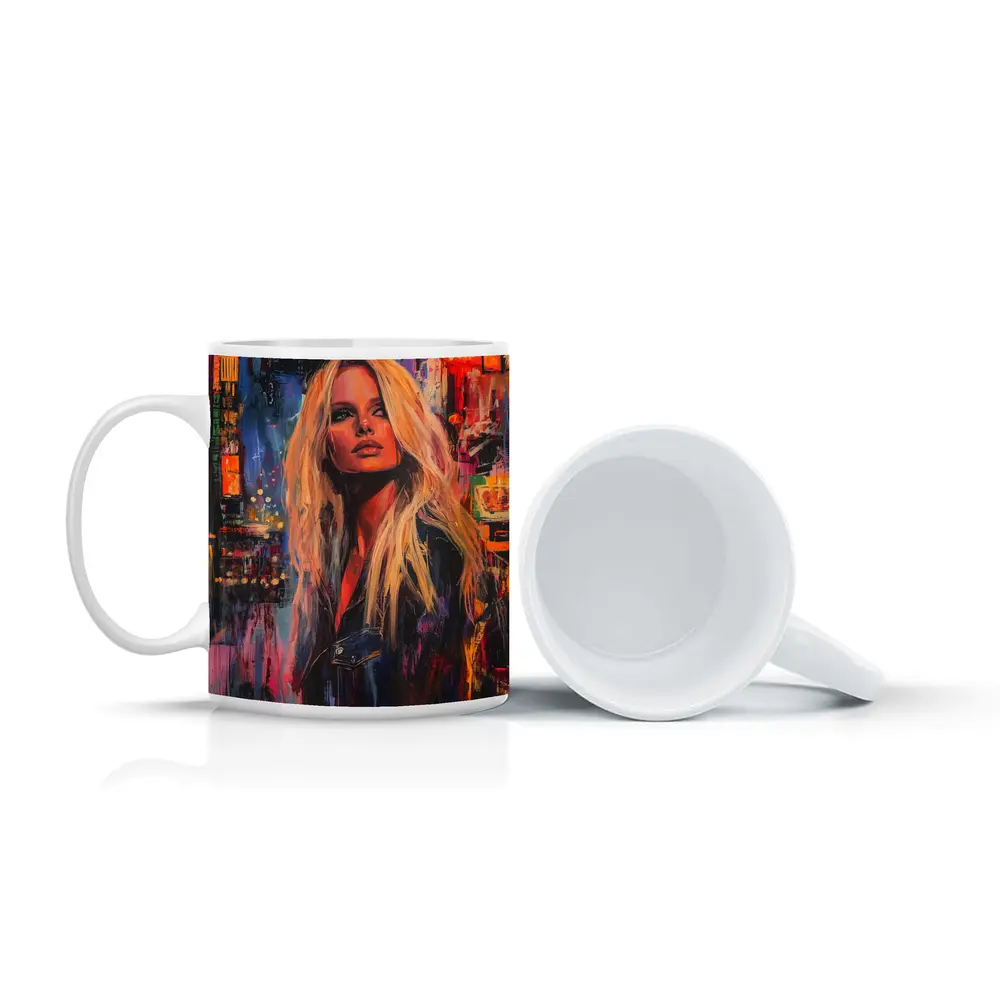 Blonde Woman Neon City Night Oil Painting – Mugs