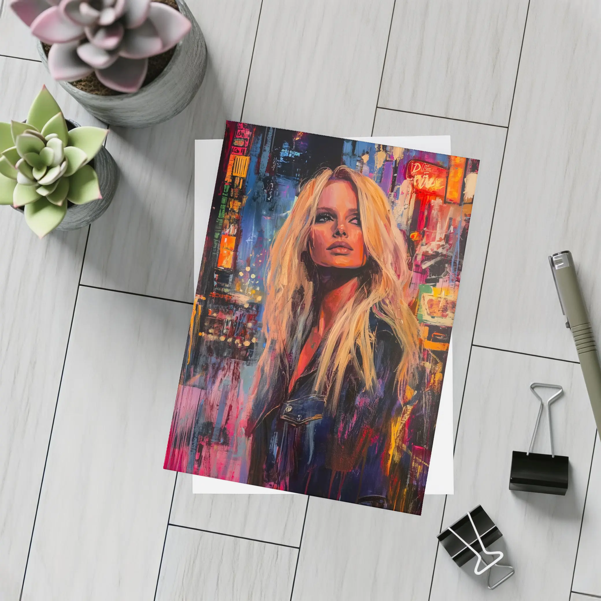 Blonde Woman Neon City Night Oil Painting – Postcards