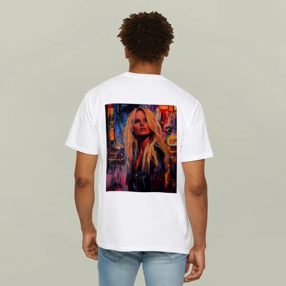 Blonde Woman Neon City Night Oil Painting – T-Shirts
