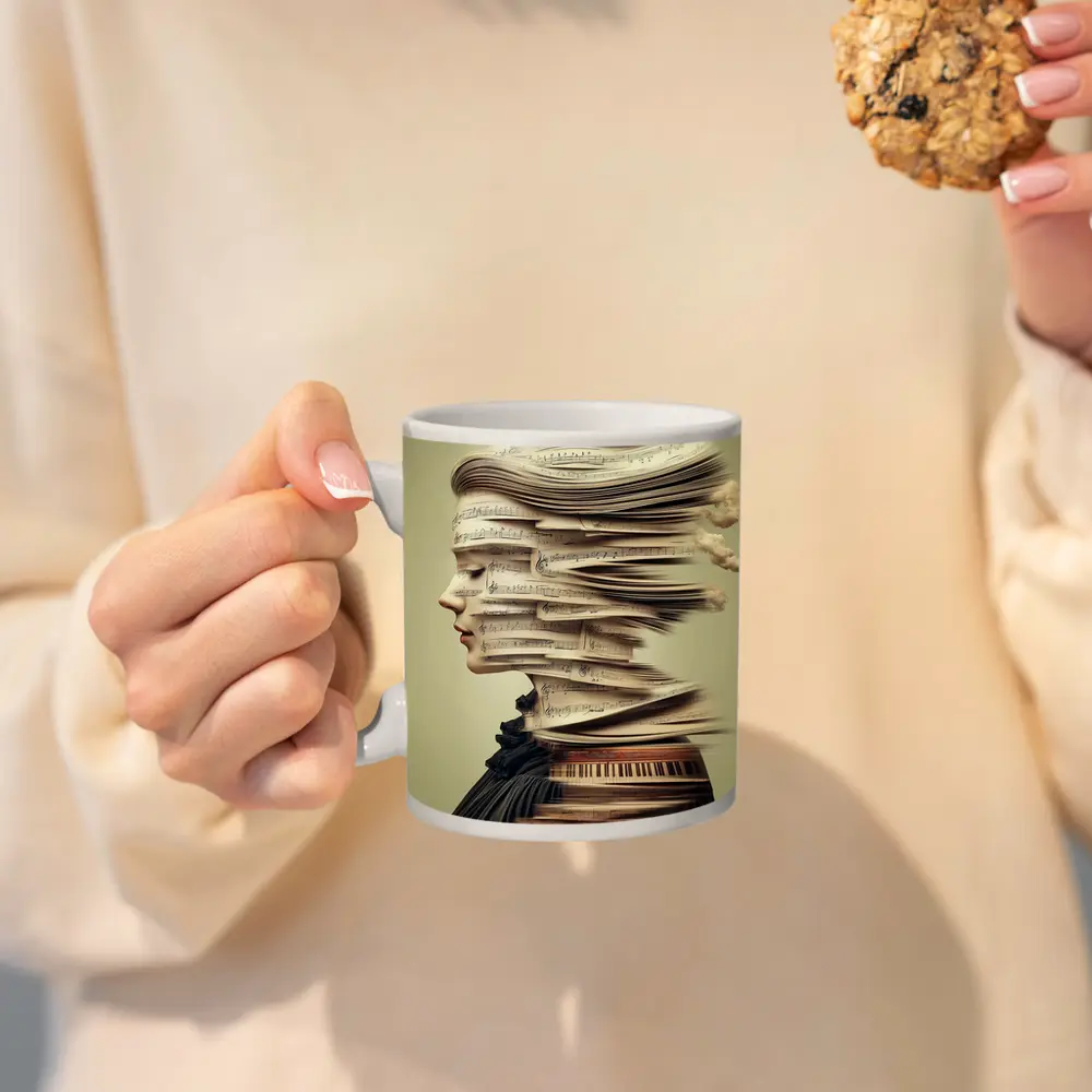Woman Head Sheet Music Piano Surreal Art – Mugs