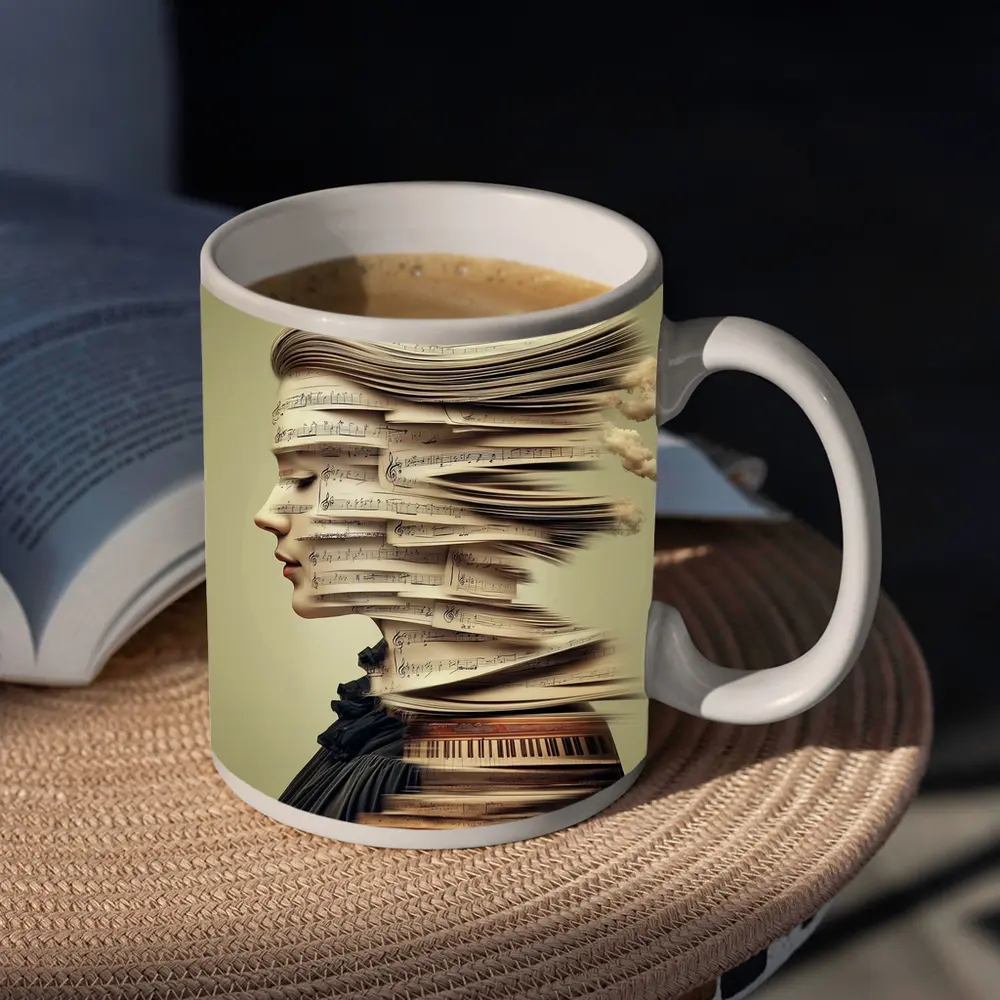 Woman Head Sheet Music Piano Surreal Art – Mugs