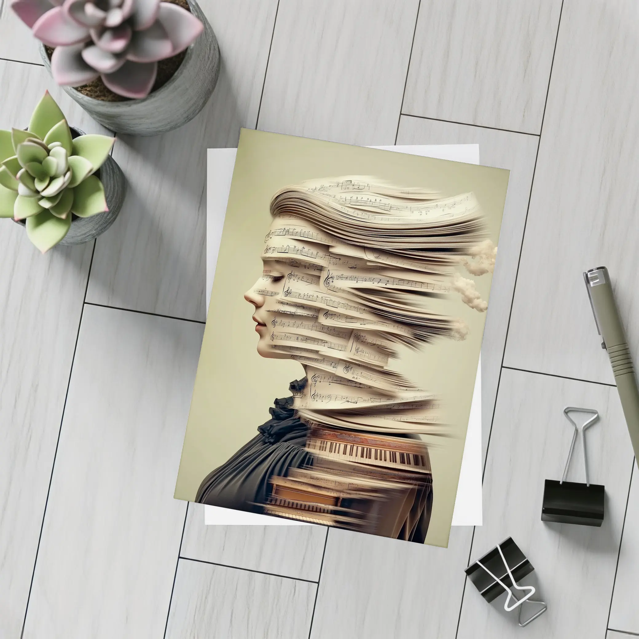 Woman Head Sheet Music Piano Surreal Art – Postcards