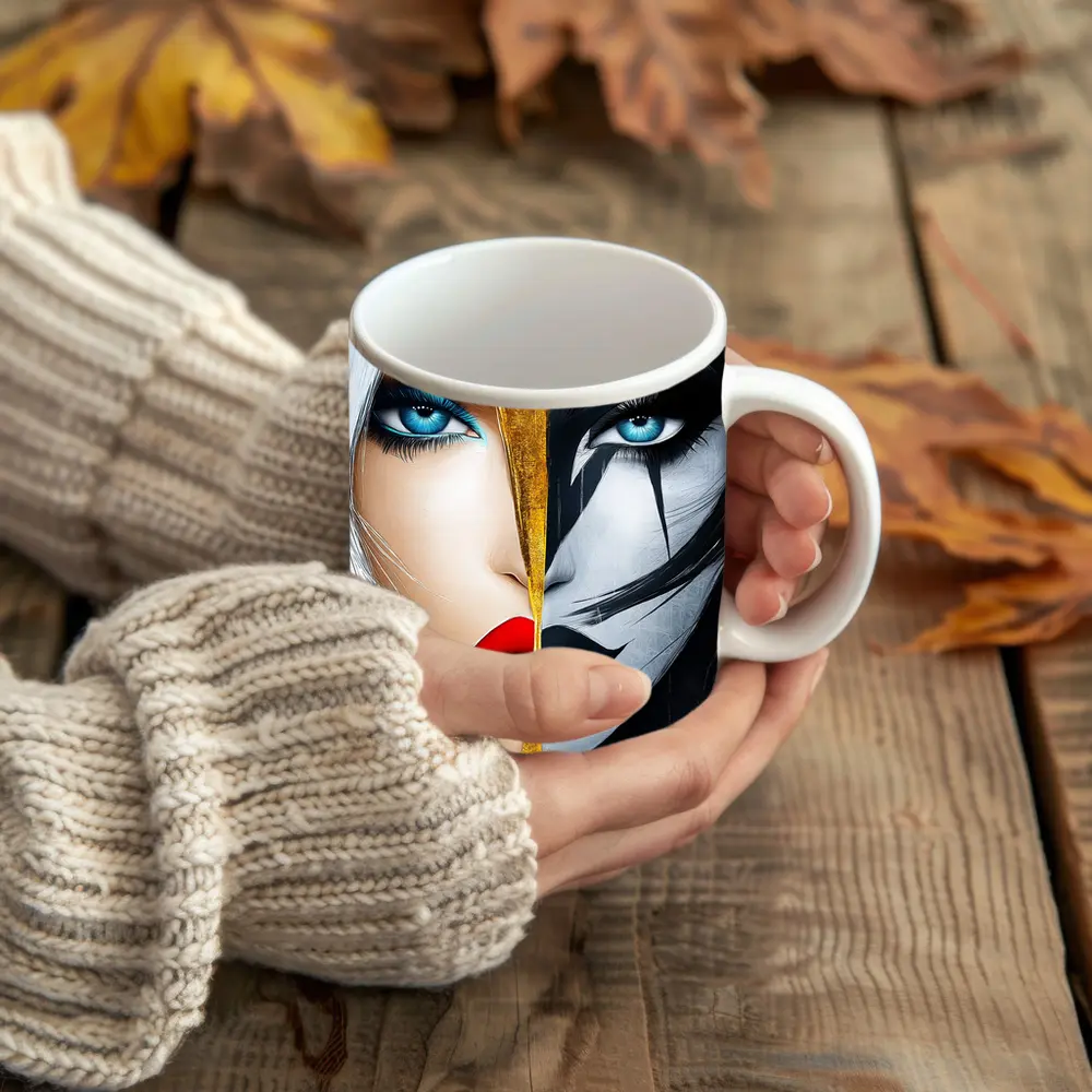 Dual Face Woman Light Dark Gold Split – Mugs
