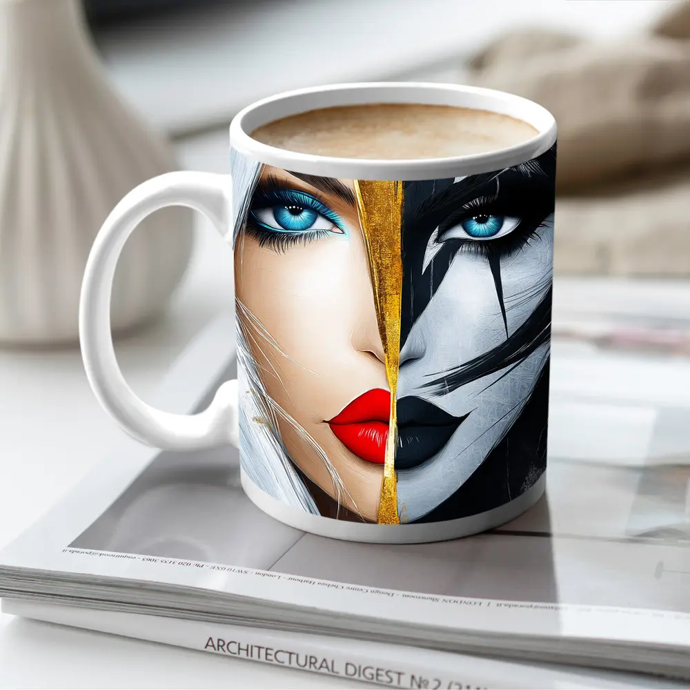 Dual Face Woman Light Dark Gold Split – Mugs