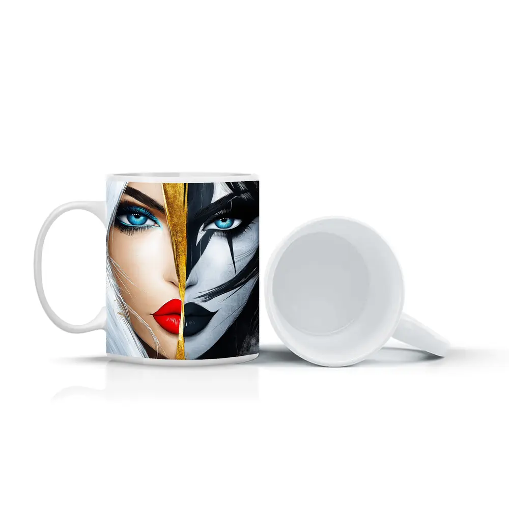 Dual Face Woman Light Dark Gold Split – Mugs