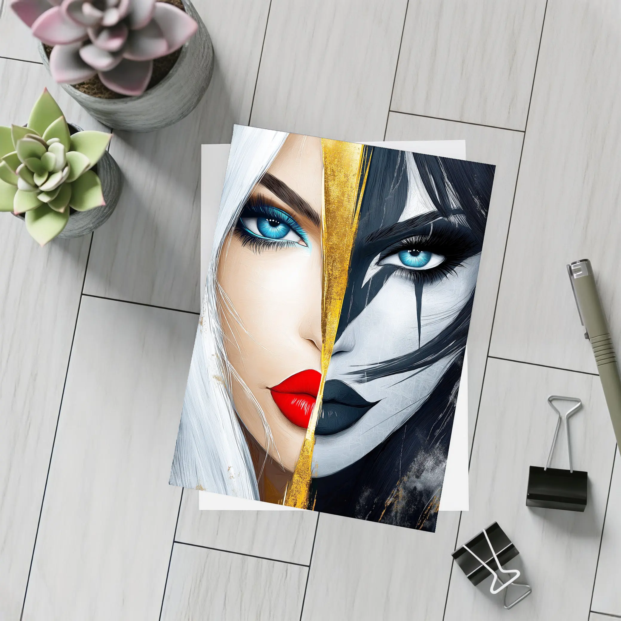Dual Face Woman Light Dark Gold Split – Postcards