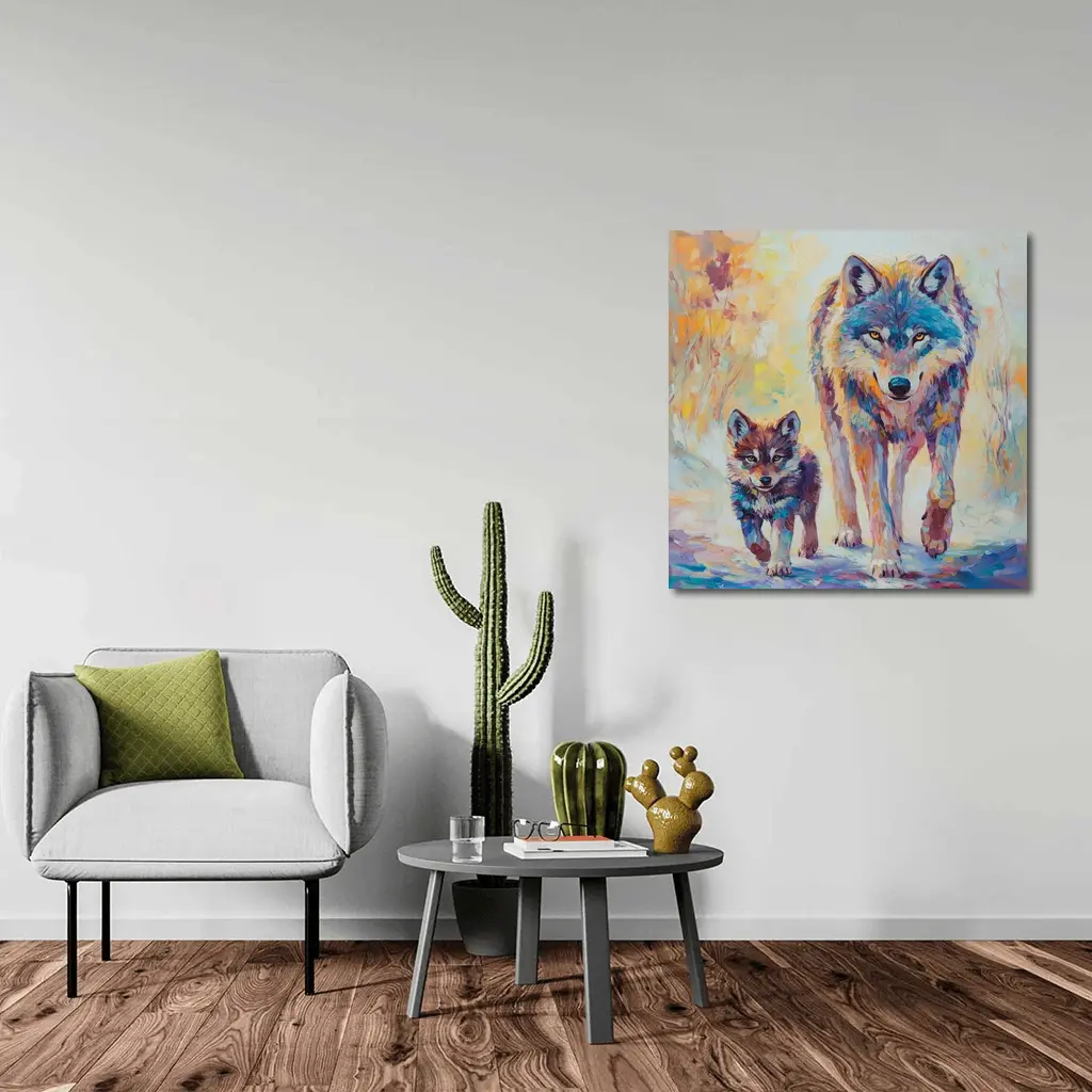 Wolf And Cub Colorful Oil Painting Art – Wall Art
