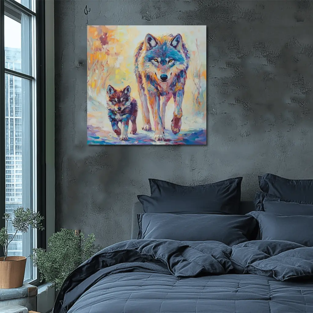 Wolf And Cub Colorful Oil Painting Art – Wall Art