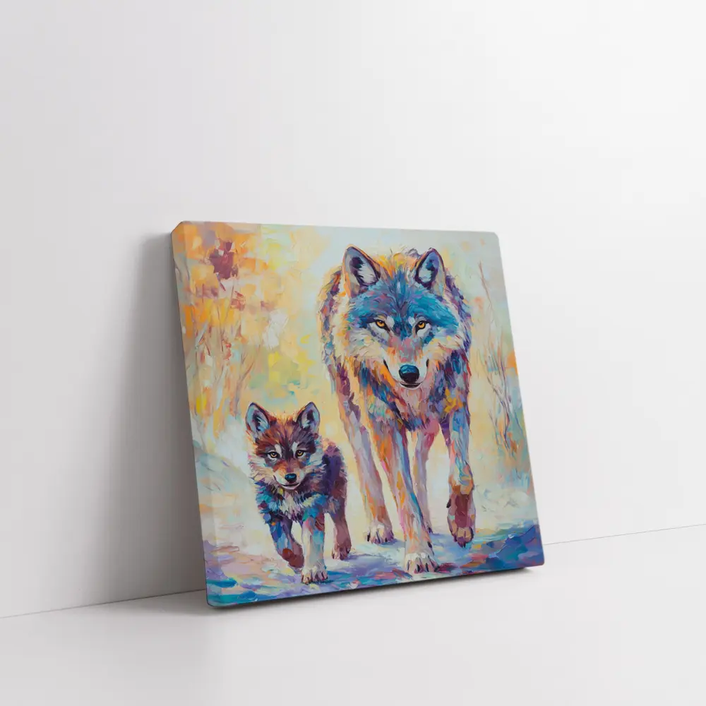 Wolf And Cub Colorful Oil Painting Art – Wall Art