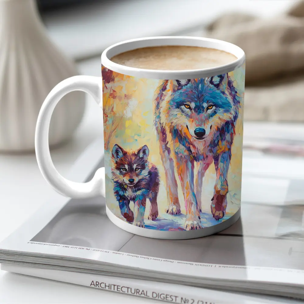 Wolf And Cub Colorful Oil Painting Art – Mugs