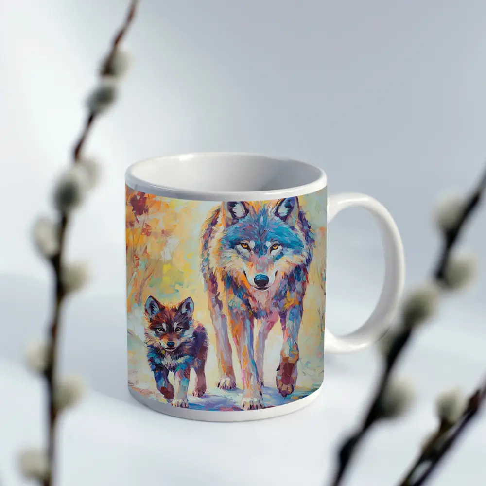 Wolf And Cub Colorful Oil Painting Art – Mugs