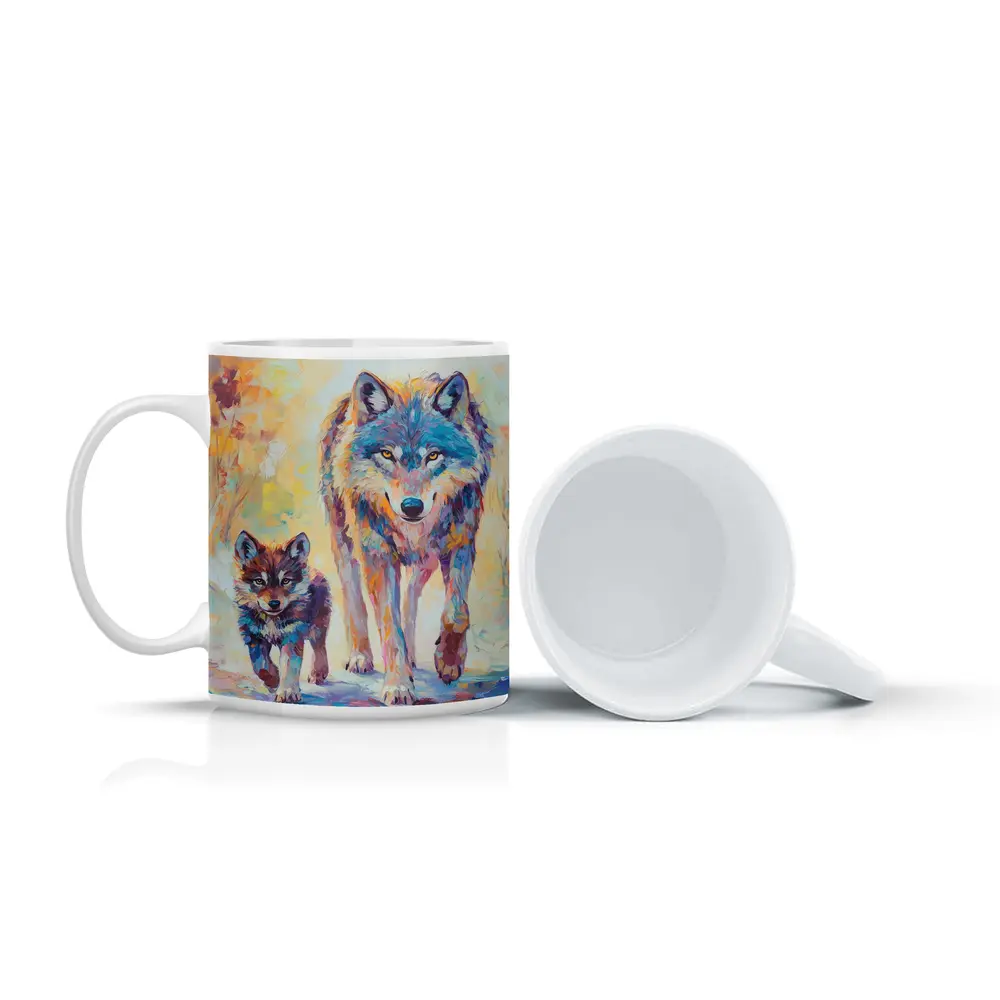 Wolf And Cub Colorful Oil Painting Art – Mugs