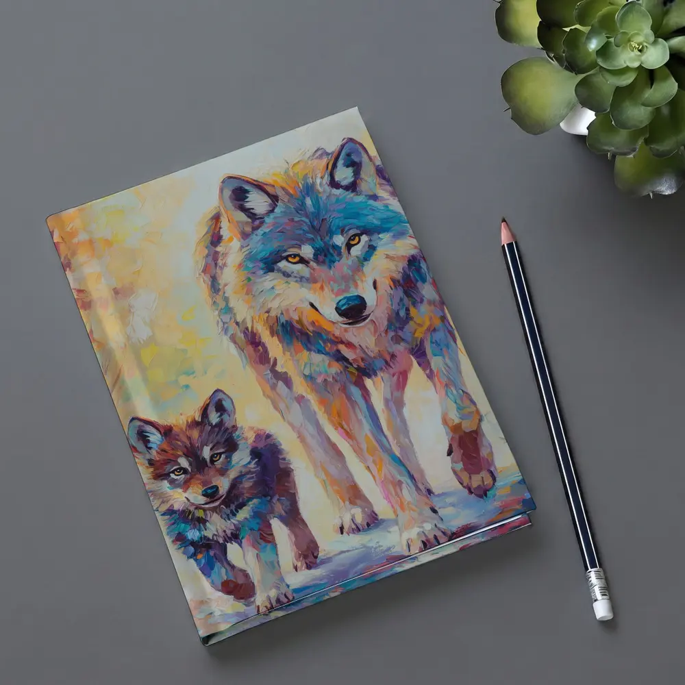 Wolf And Cub Colorful Oil Painting Art – Notebooks