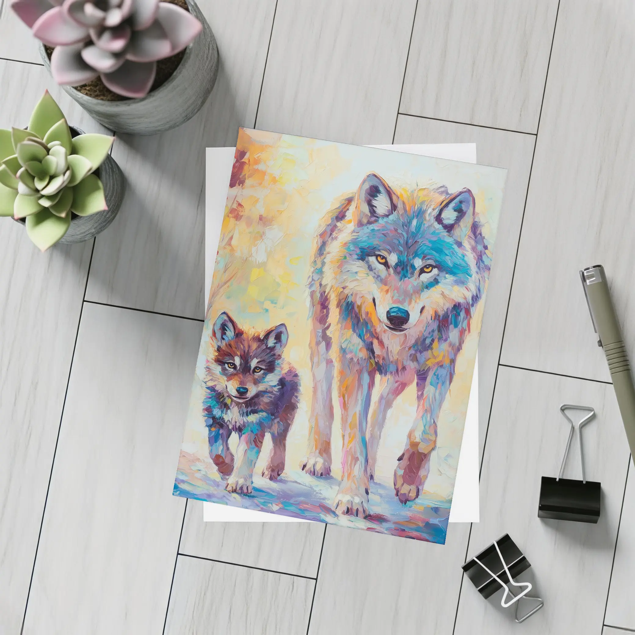 Wolf And Cub Colorful Oil Painting Art – Postcards