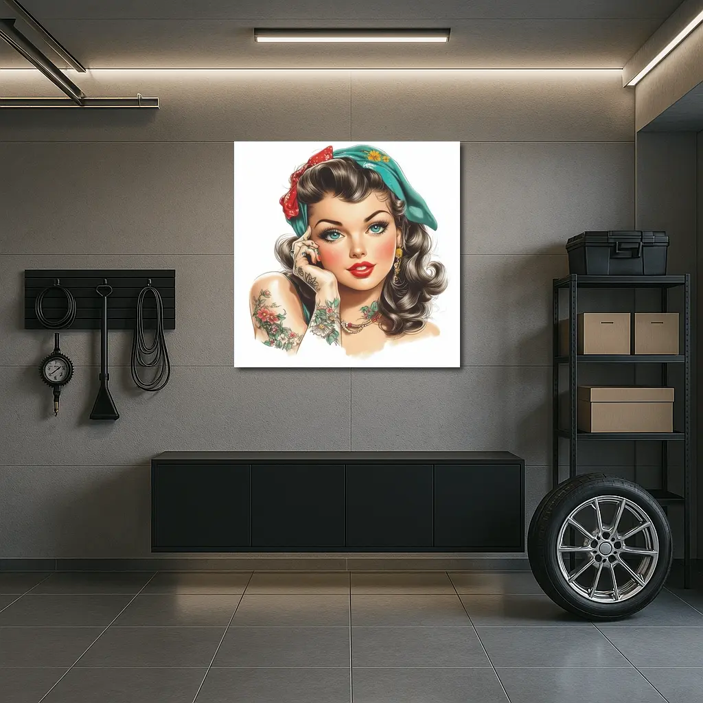 Retro Pin Up Girl With Floral Tattoos – Wall Art