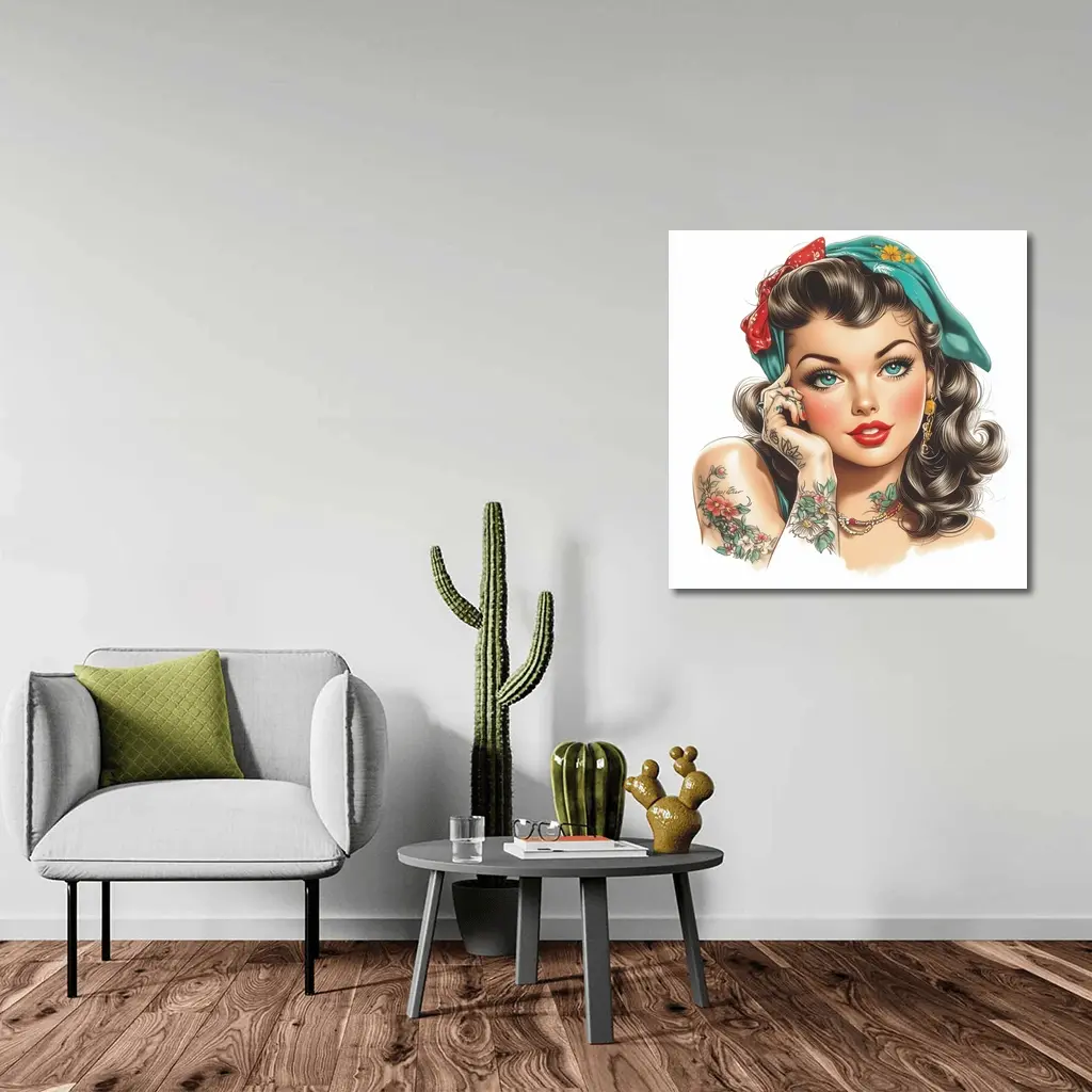 Retro Pin Up Girl With Floral Tattoos – Wall Art