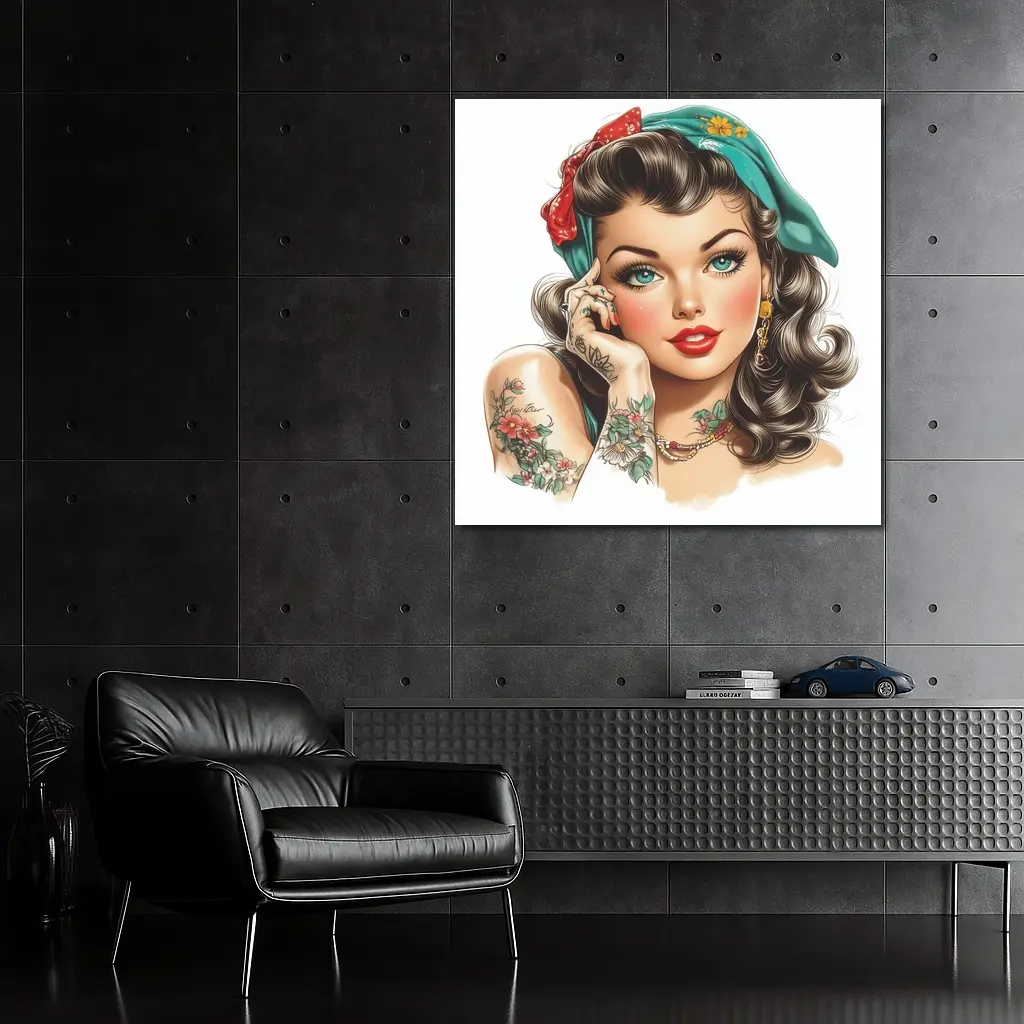 Retro Pin Up Girl With Floral Tattoos – Wall Art