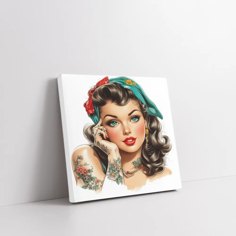 Retro Pin Up Girl With Floral Tattoos – Wall Art