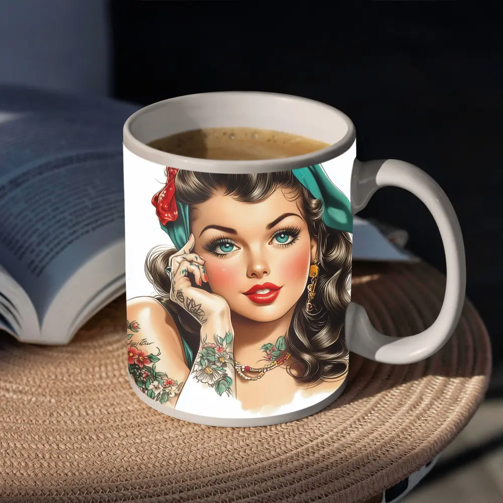 Retro Pin Up Girl With Floral Tattoos – Mugs