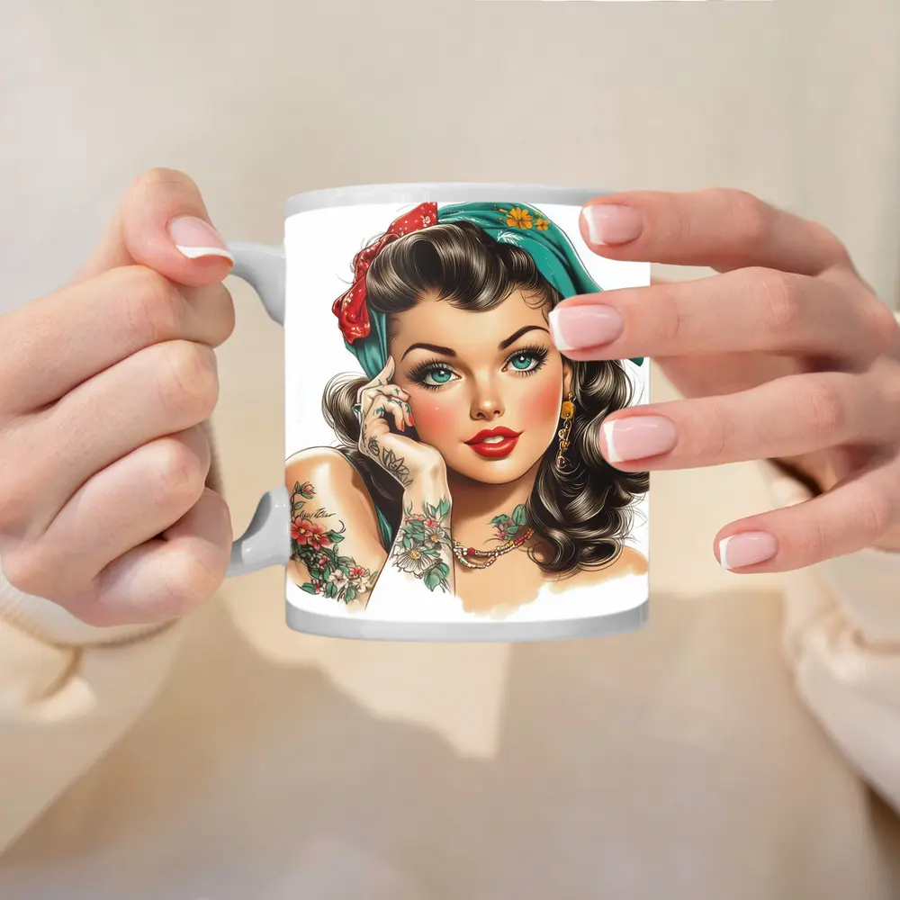 Retro Pin Up Girl With Floral Tattoos – Mugs