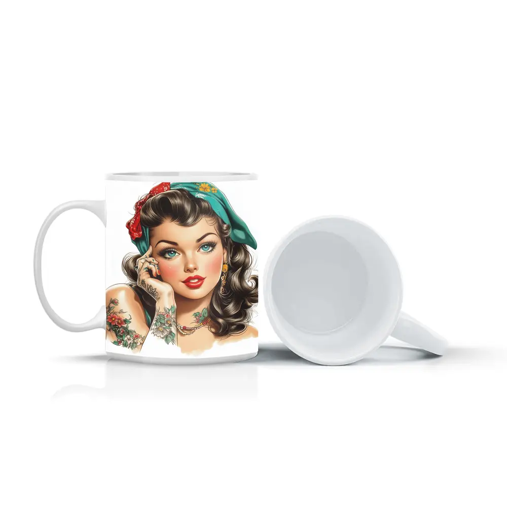 Retro Pin Up Girl With Floral Tattoos – Mugs