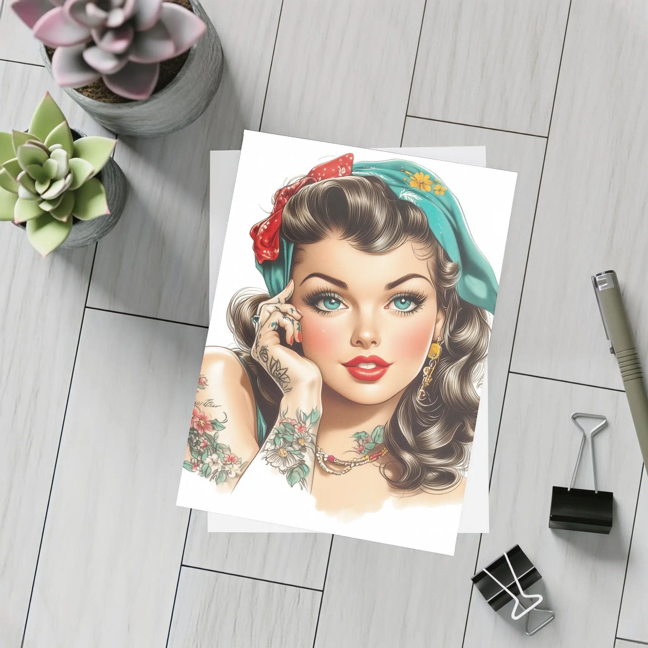 Retro Pin Up Girl With Floral Tattoos – Postcards