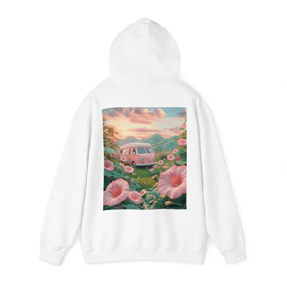 Pink Retro Van Surrounded By Morning Glory Flowers – Hoodies