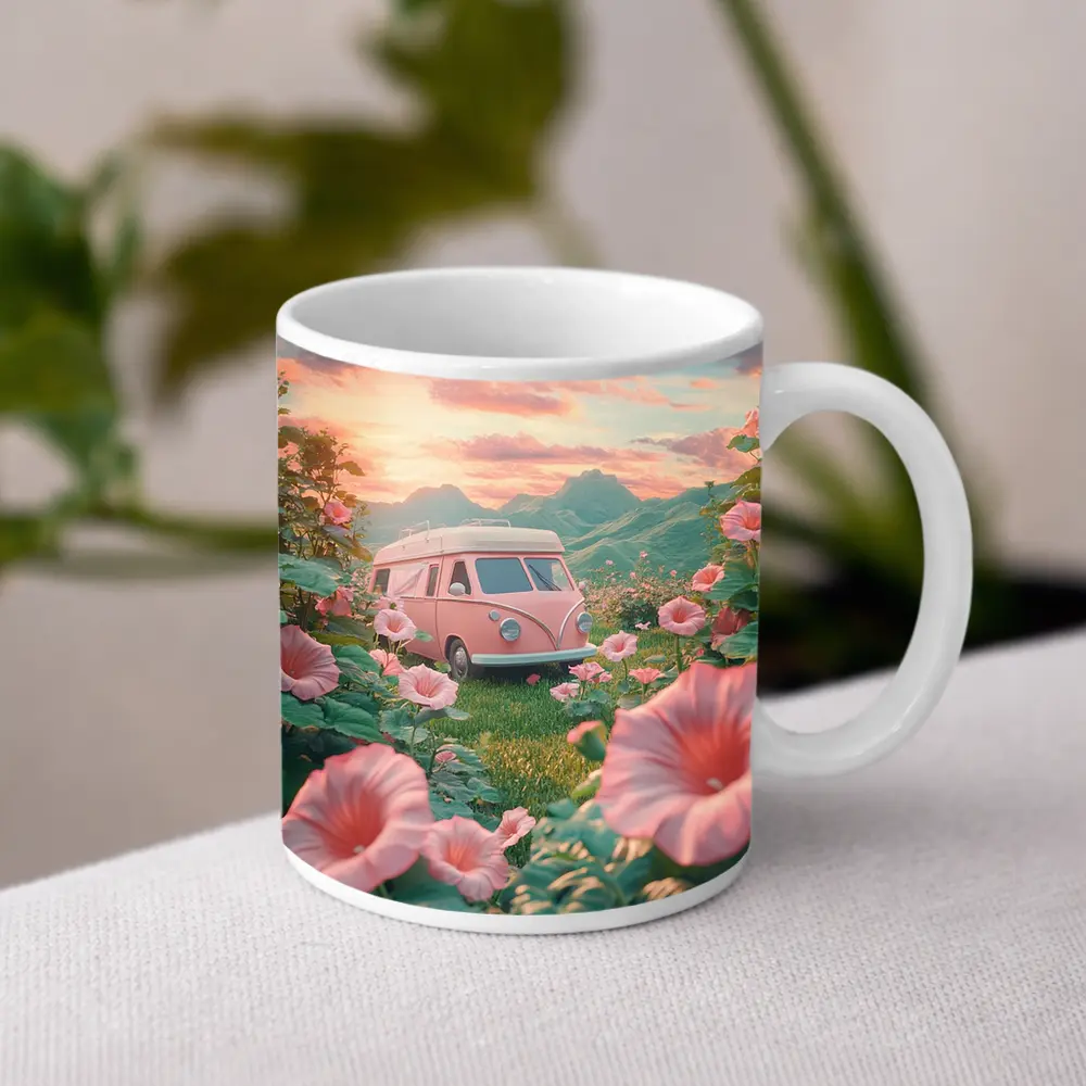 Pink Retro Van Surrounded By Morning Glory Flowers – Mugs