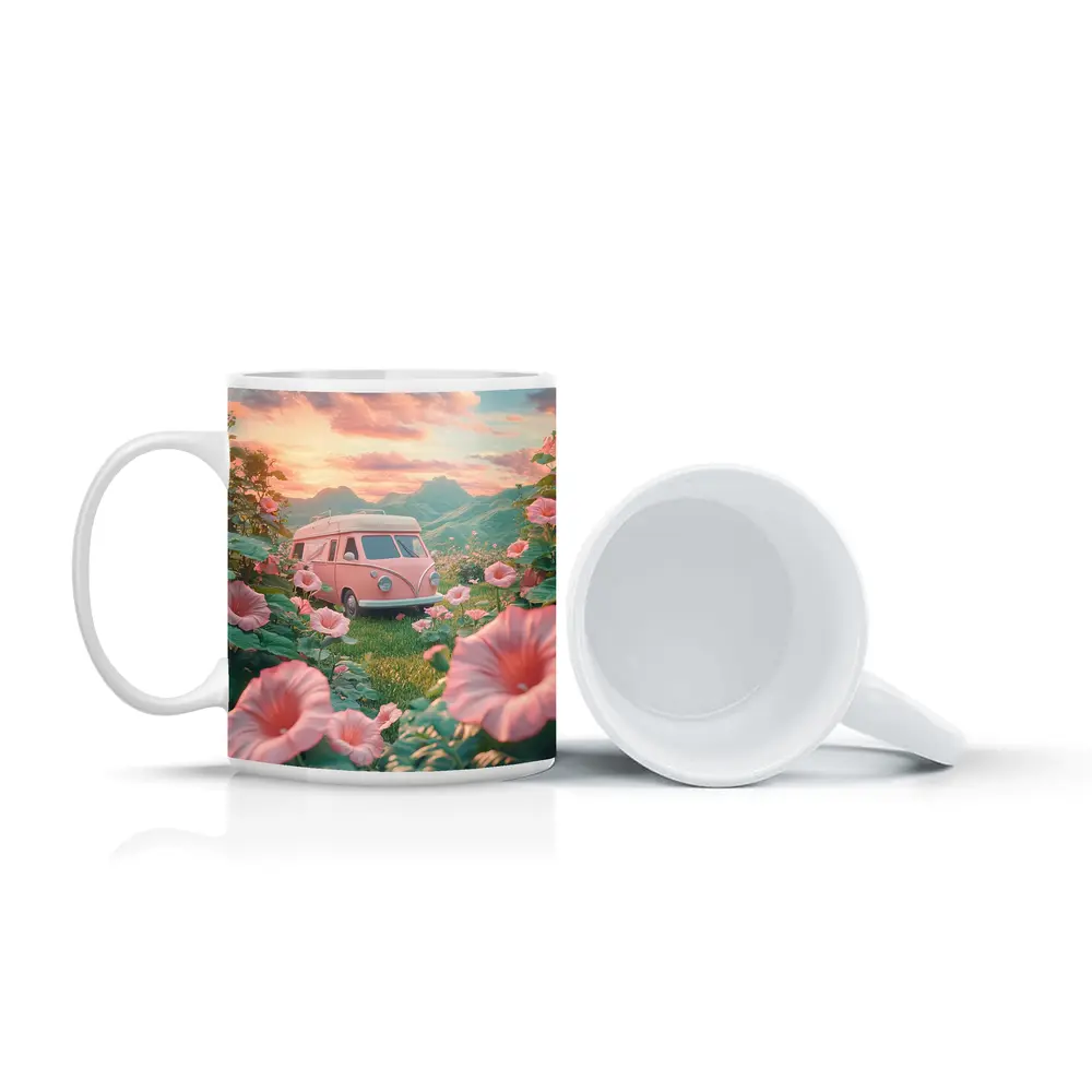Pink Retro Van Surrounded By Morning Glory Flowers – Mugs