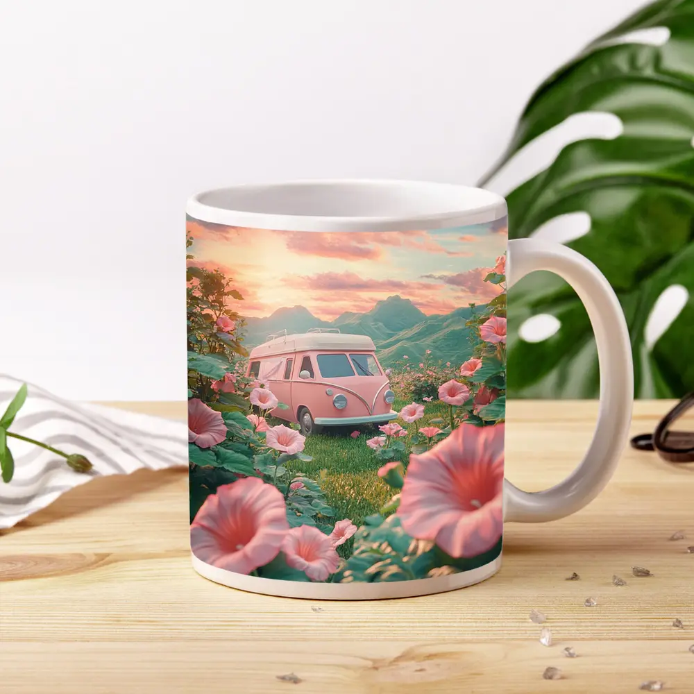 Pink Retro Van Surrounded By Morning Glory Flowers – Mugs