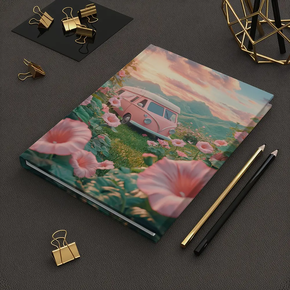 Pink Retro Van Surrounded By Morning Glory Flowers – Notebooks