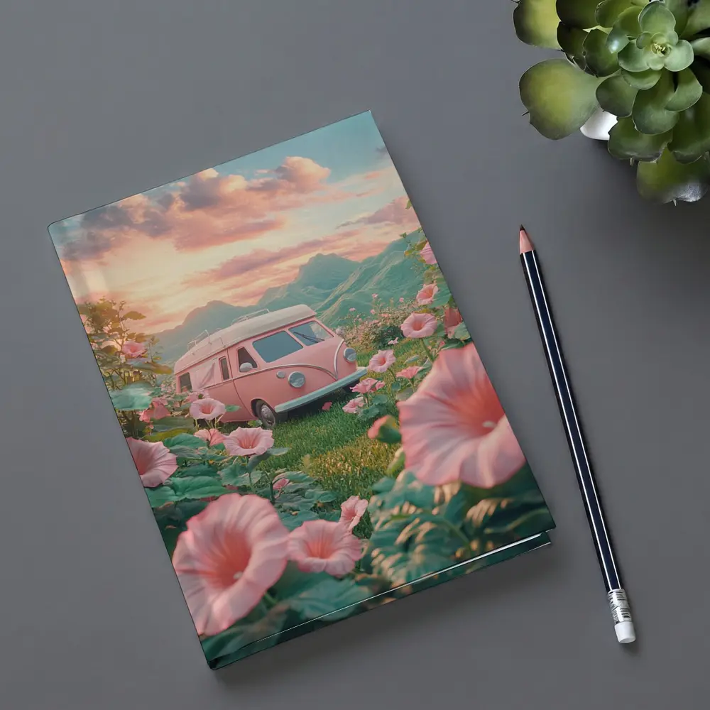 Pink Retro Van Surrounded By Morning Glory Flowers – Notebooks
