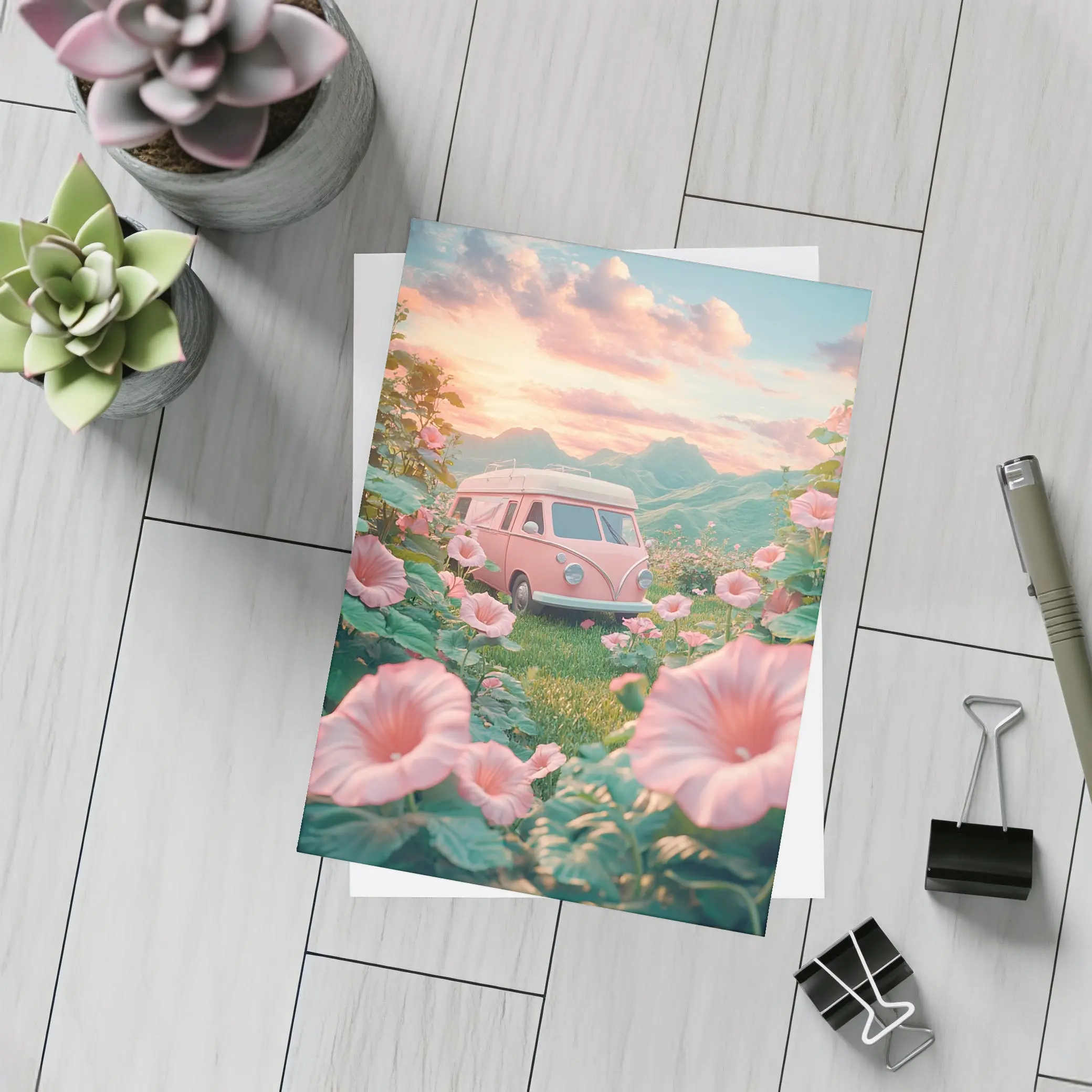 Pink Retro Van Surrounded By Morning Glory Flowers – Postcards