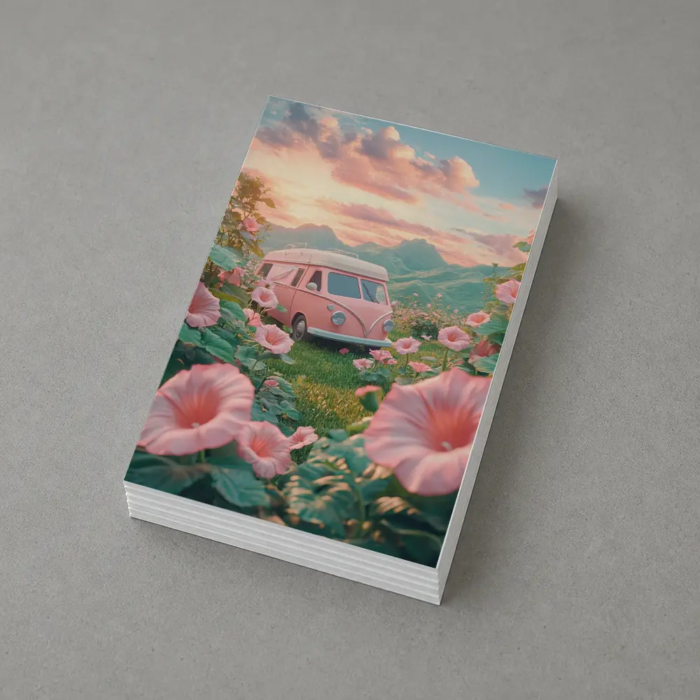 Pink Retro Van Surrounded By Morning Glory Flowers – Postcards