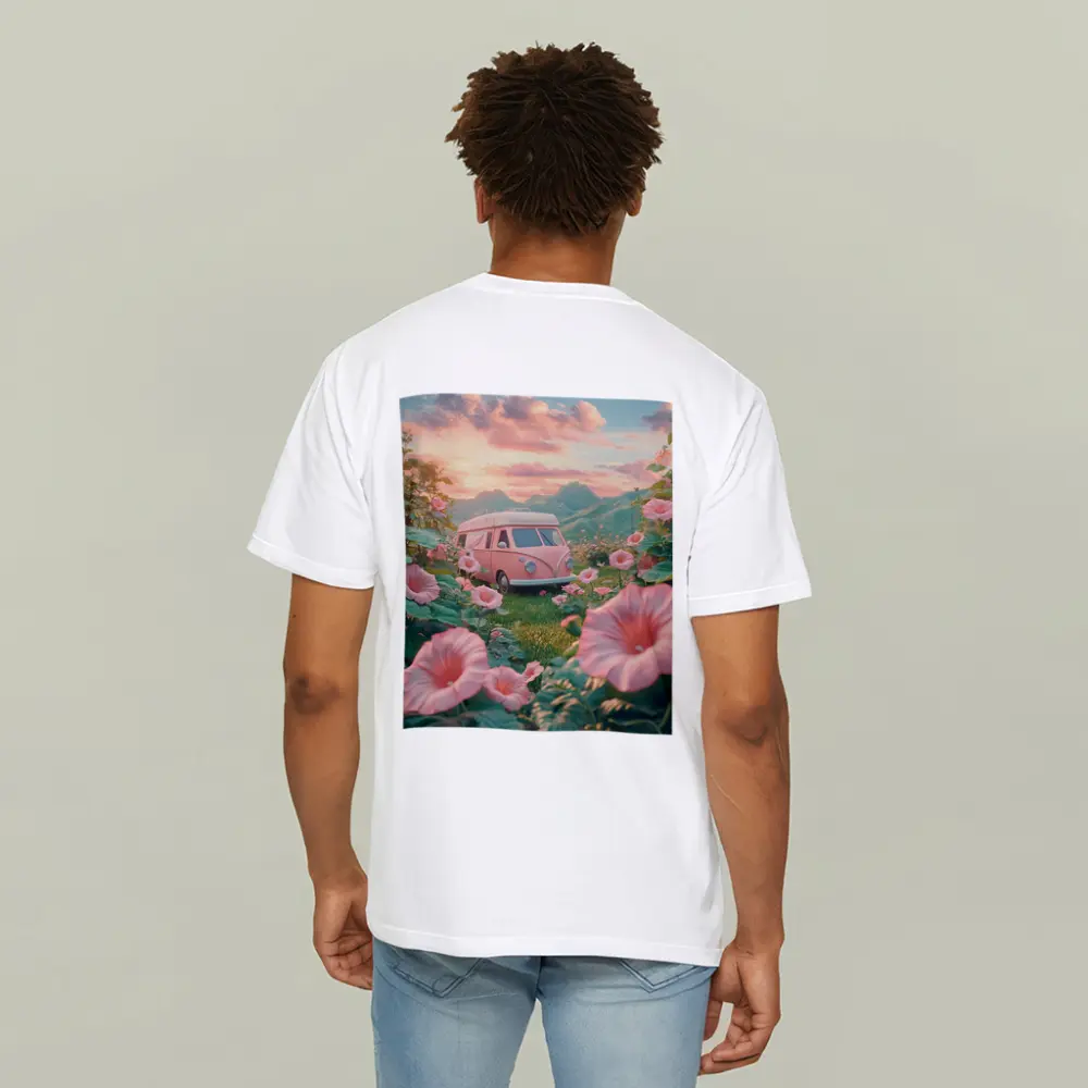 Pink Retro Van Surrounded By Morning Glory Flowers – T-Shirts