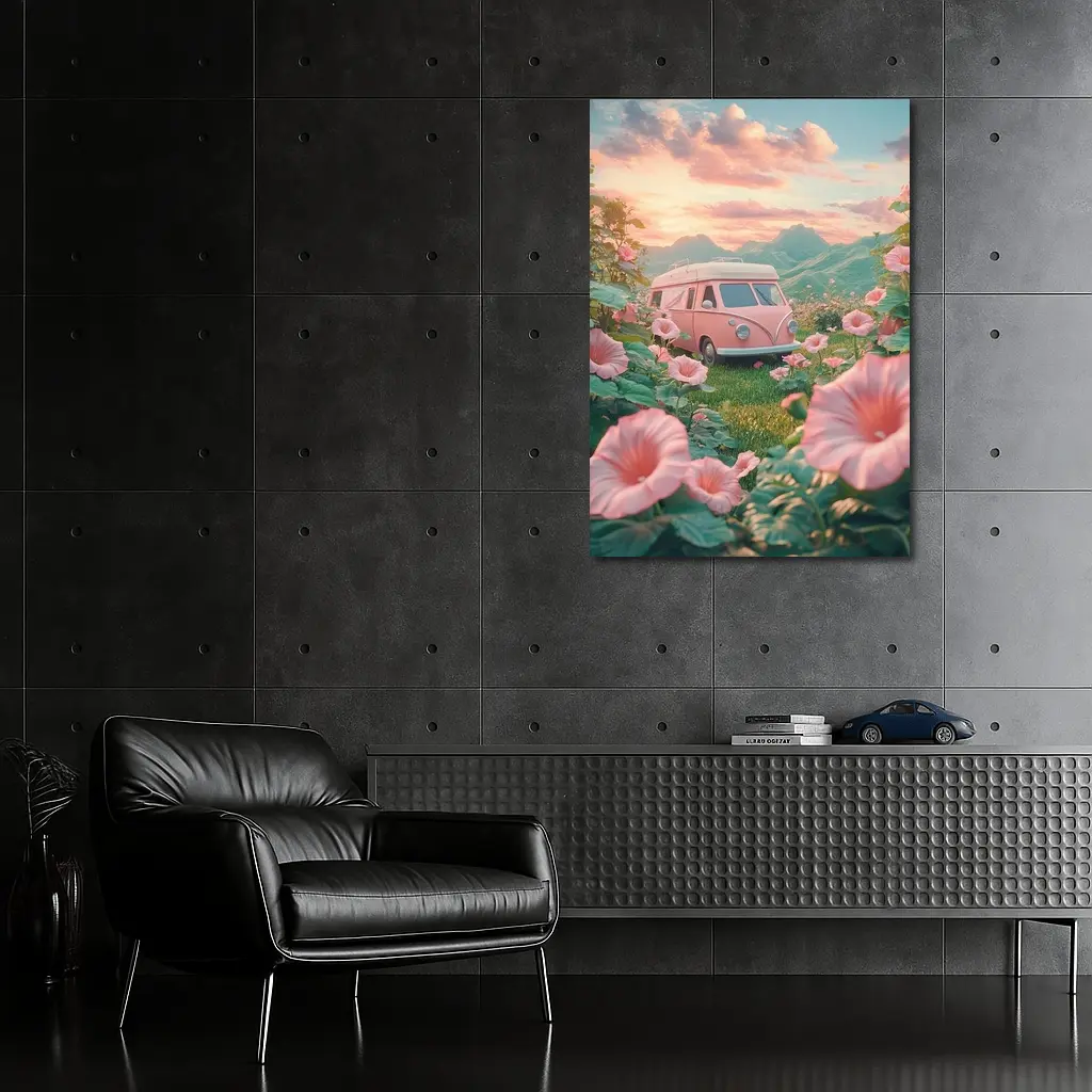Pink Retro Van Surrounded By Morning Glory Flowers – Wall Art